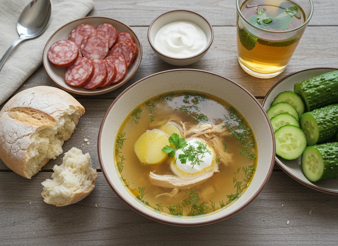 Обед с супом, хлебом, огурцами, сметаной, колбасой и чаем photo
