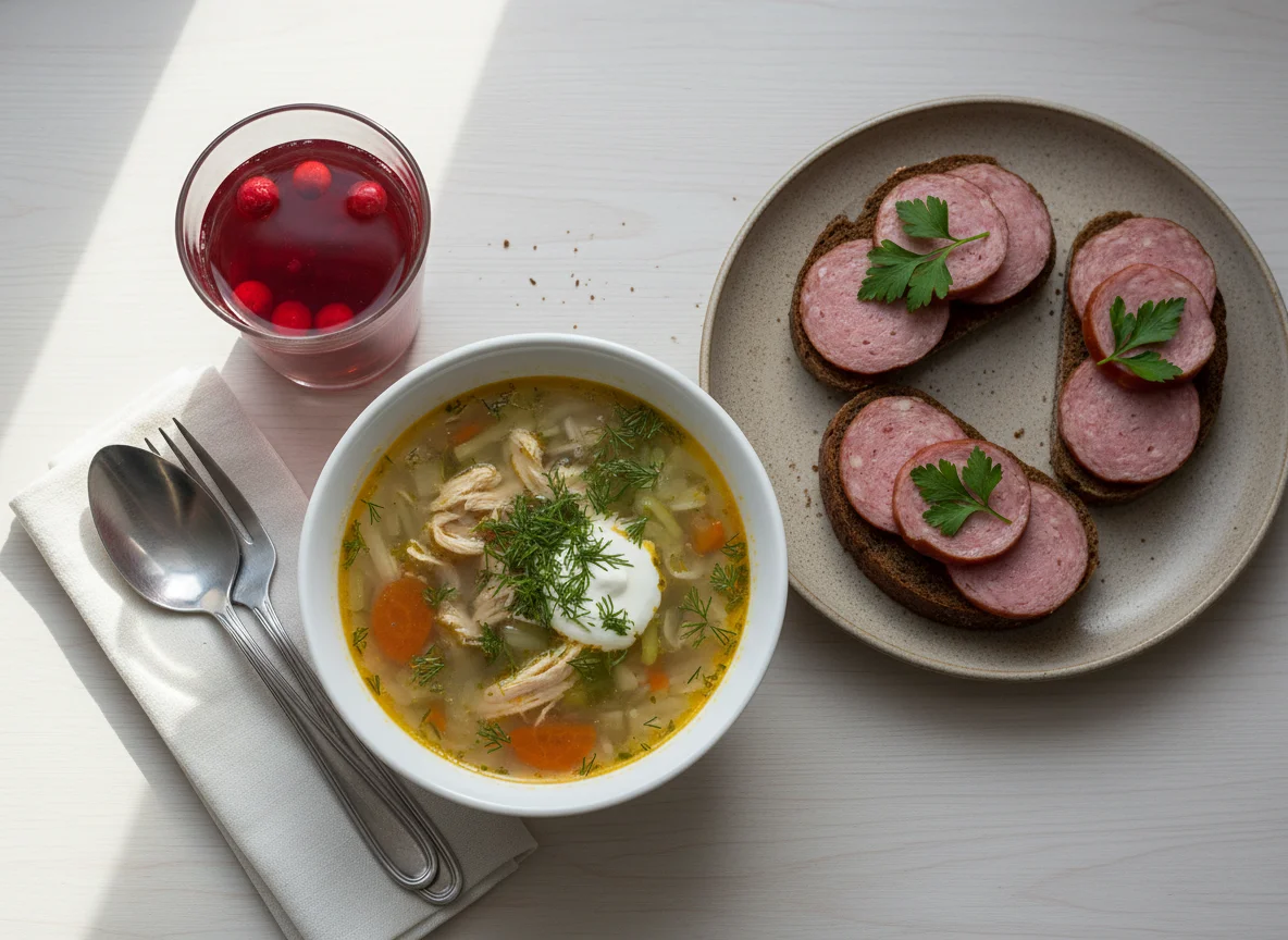 Обед с супом и бутербродами photo