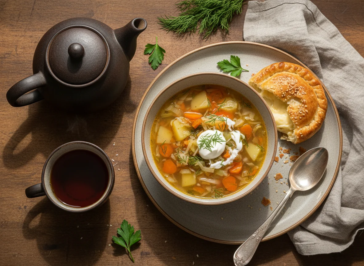 Обед с супом и выпечкой photo