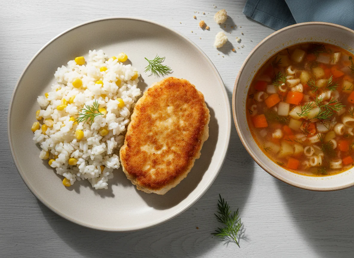 Обед с супом, котлетой и рисом photo
