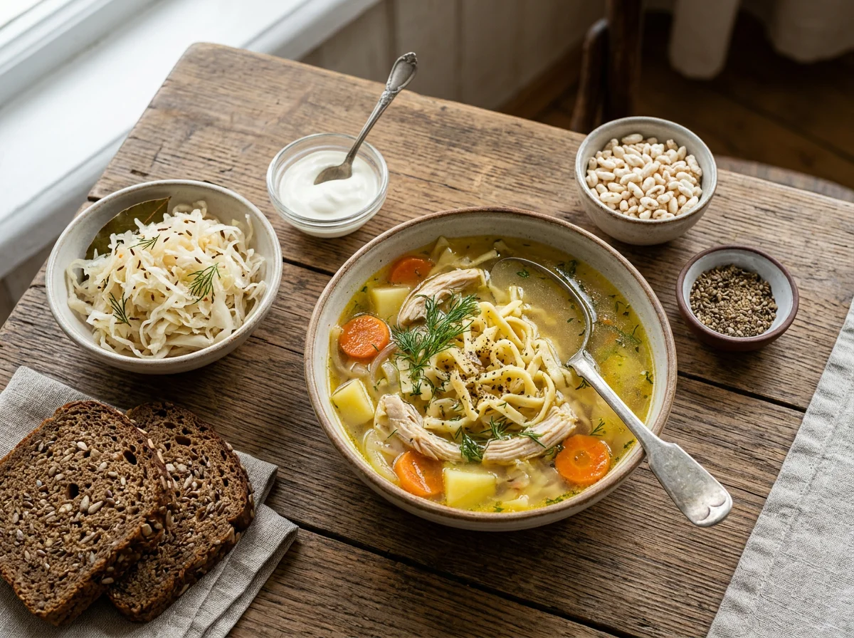 Обед с супом, квашеной капустой и хлебом photo