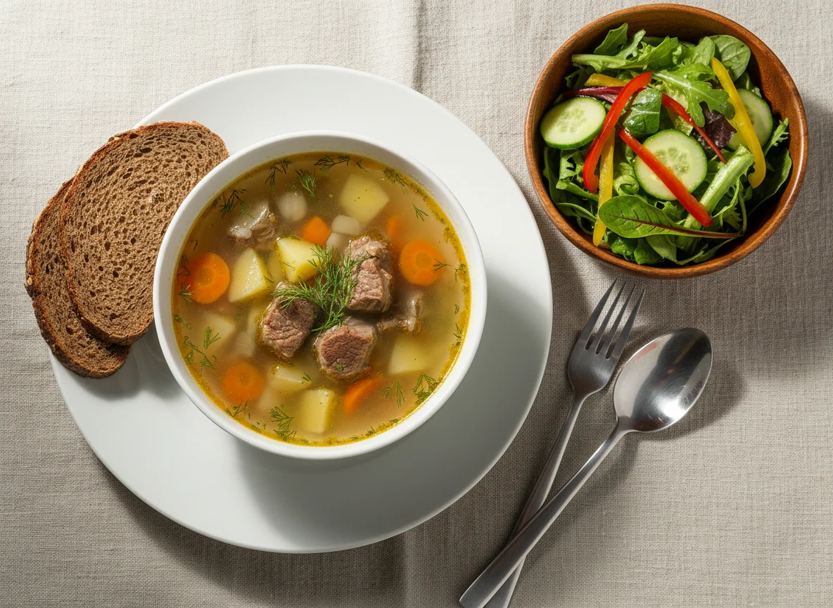 Обед с супом, салатом и хлебом photo