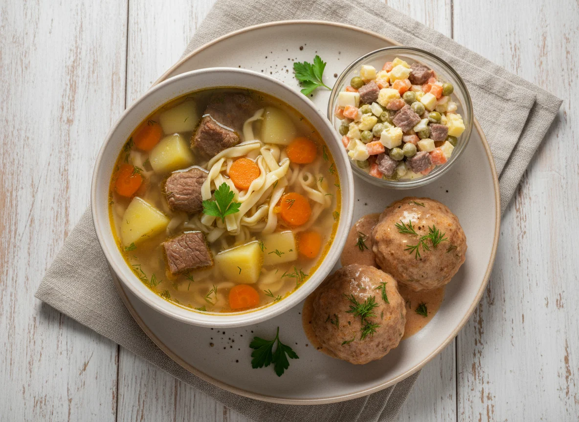 Обед с супом, тефтелями и салатом photo