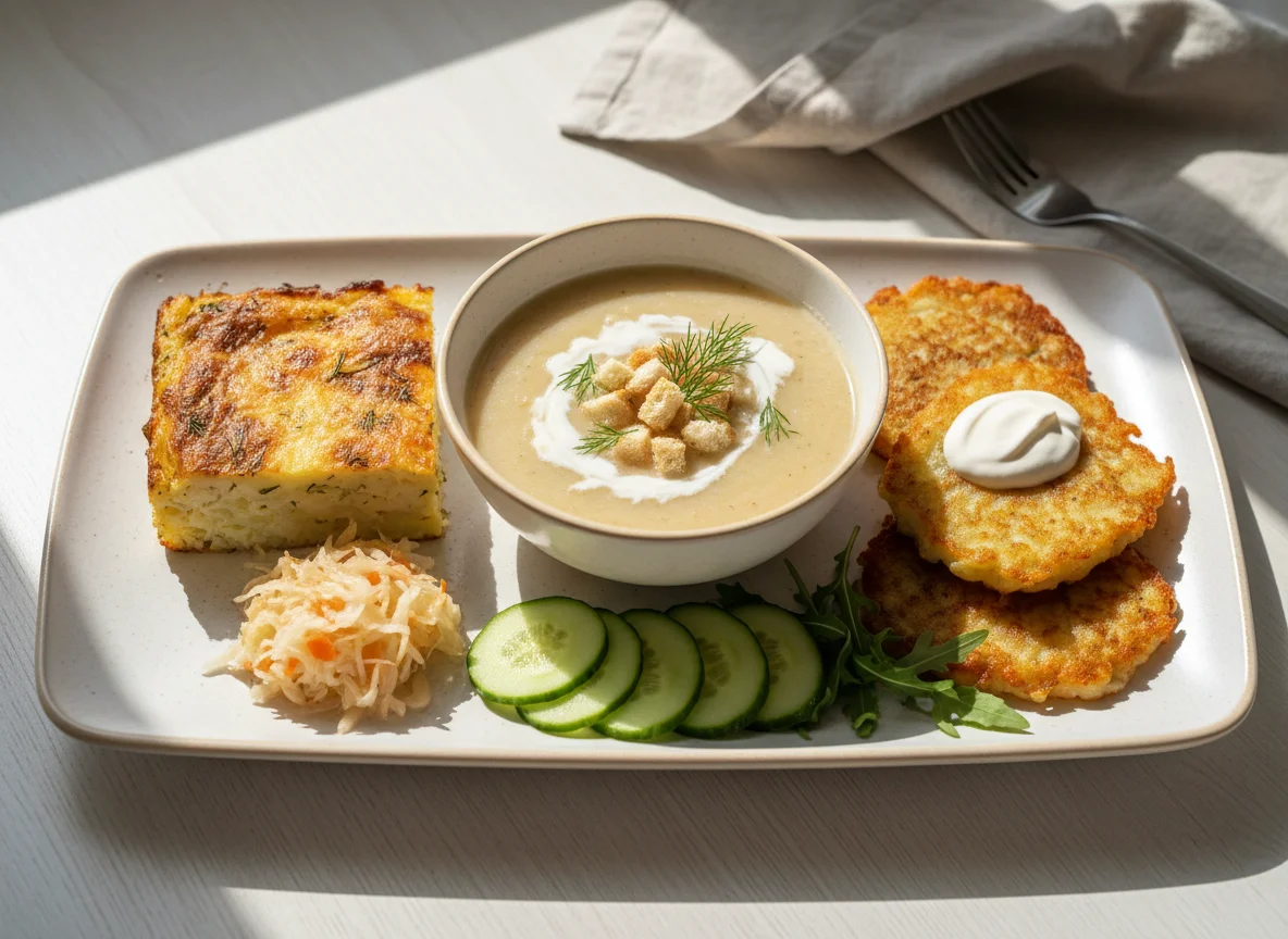 Обед с супом-пюре, драниками и запеканкой photo