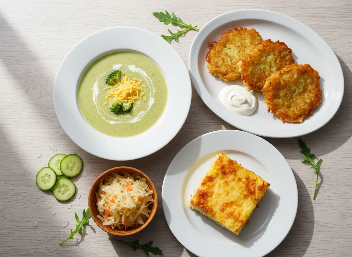 Обед с супом-пюре из брокколи и сыра, драниками и запеканкой photo