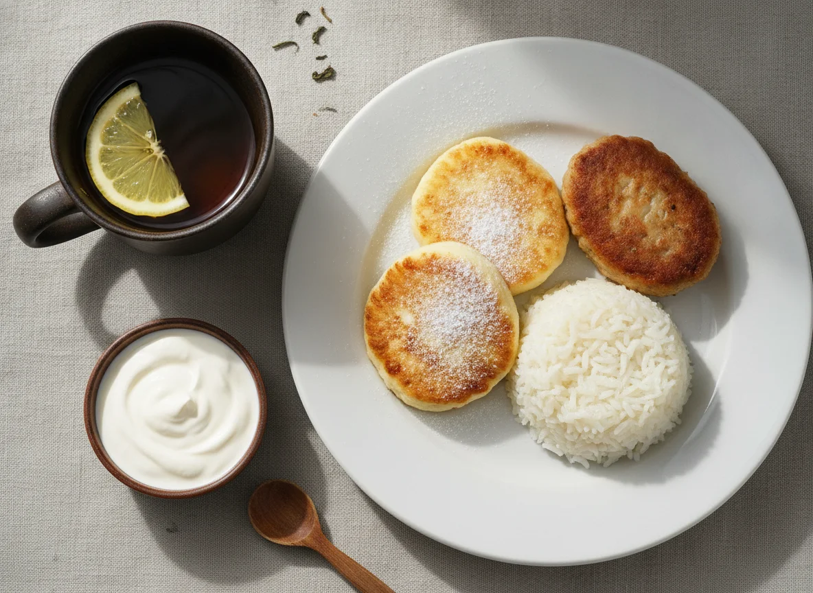 Обед с сырниками и чаем photo