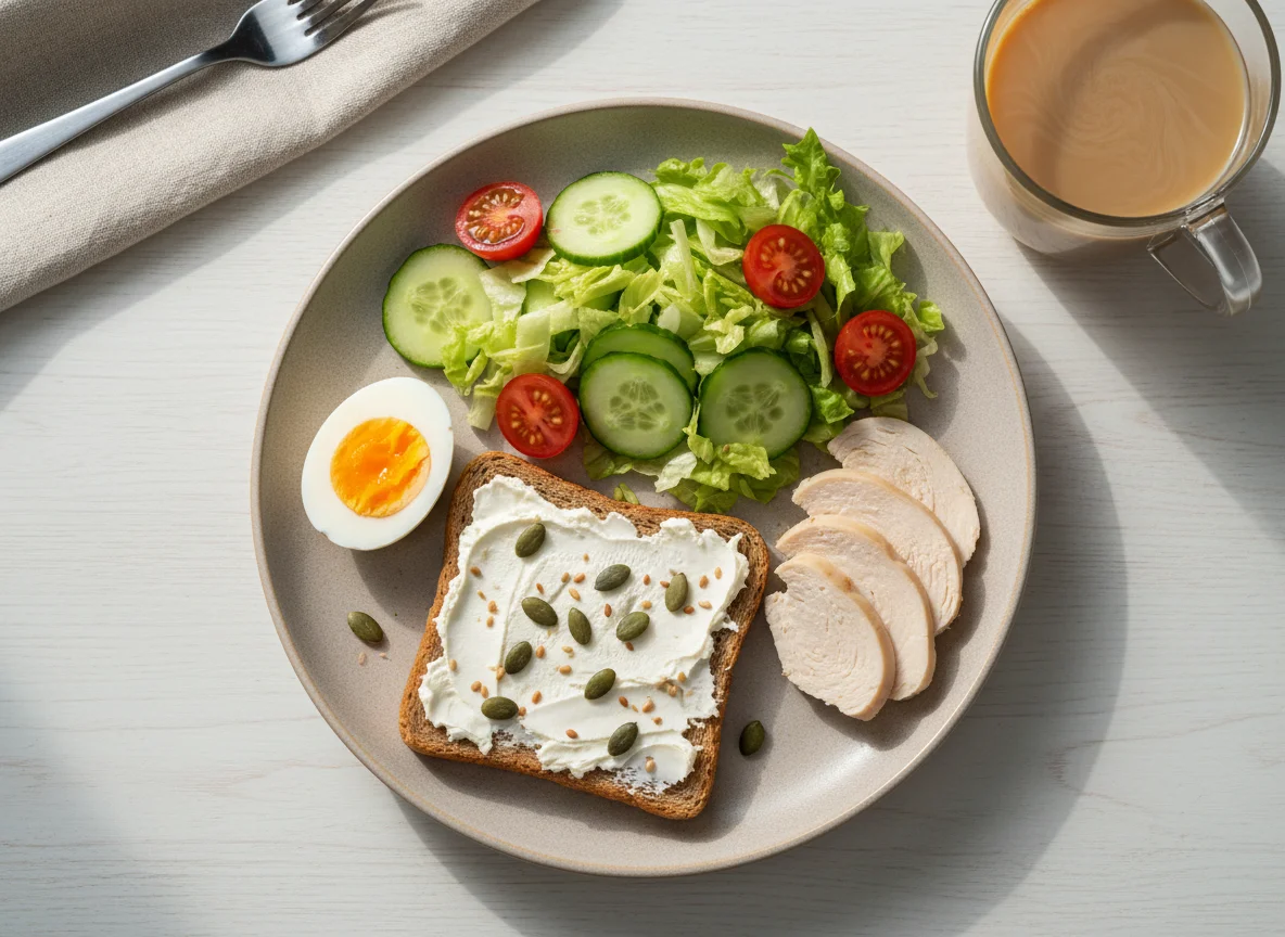 Обед с тостом, салатом, курицей и яйцом photo