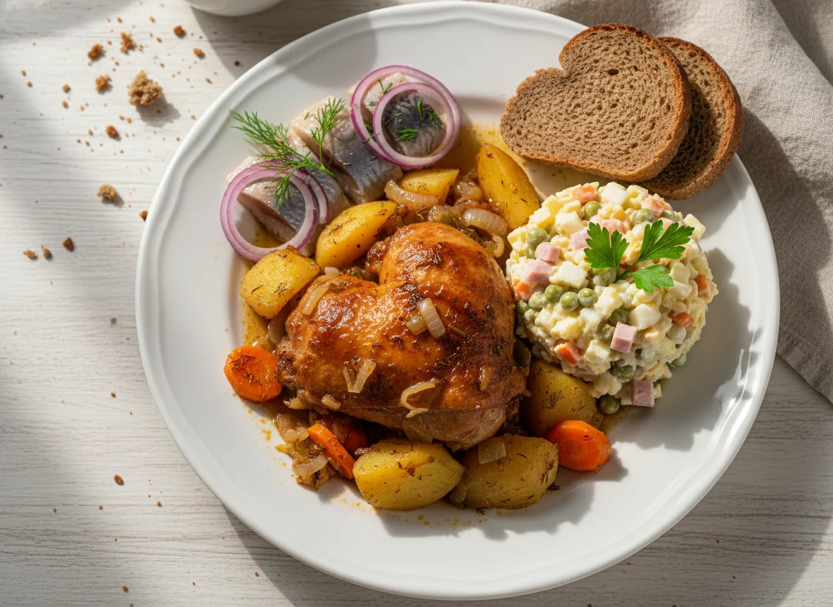 Обед с тушеной курицей, овощами, сельдью и салатом Оливье photo