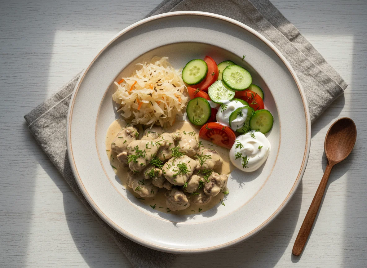 Обед с тушеной печенью, квашеной капустой и овощным салатом photo