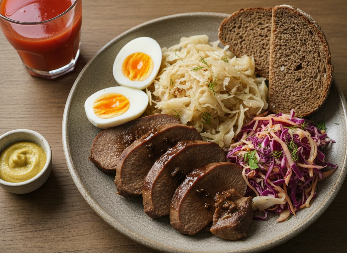 Обед с тушеным языком и капустой photo