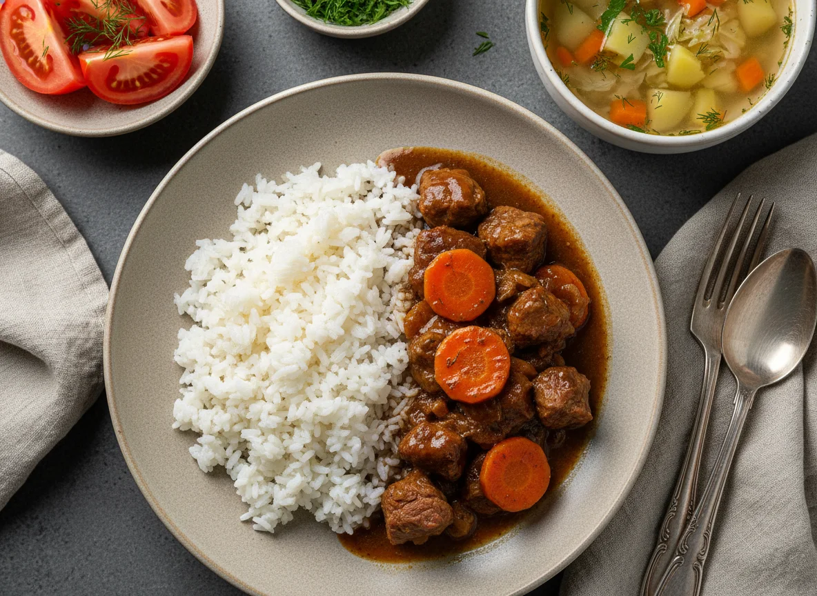 Обед с тушеным мясом, рисом, супом и помидорами photo