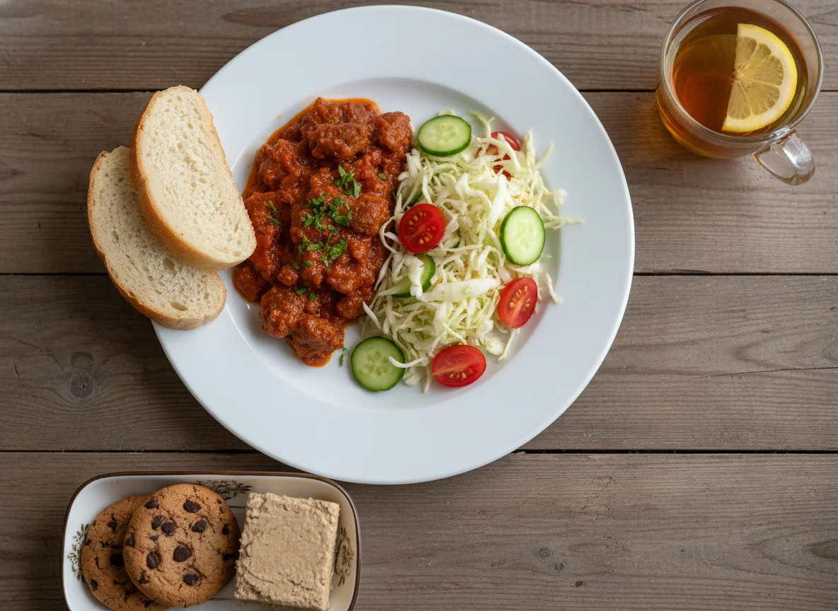 Обед с тушеным мясом, салатом и десертом photo