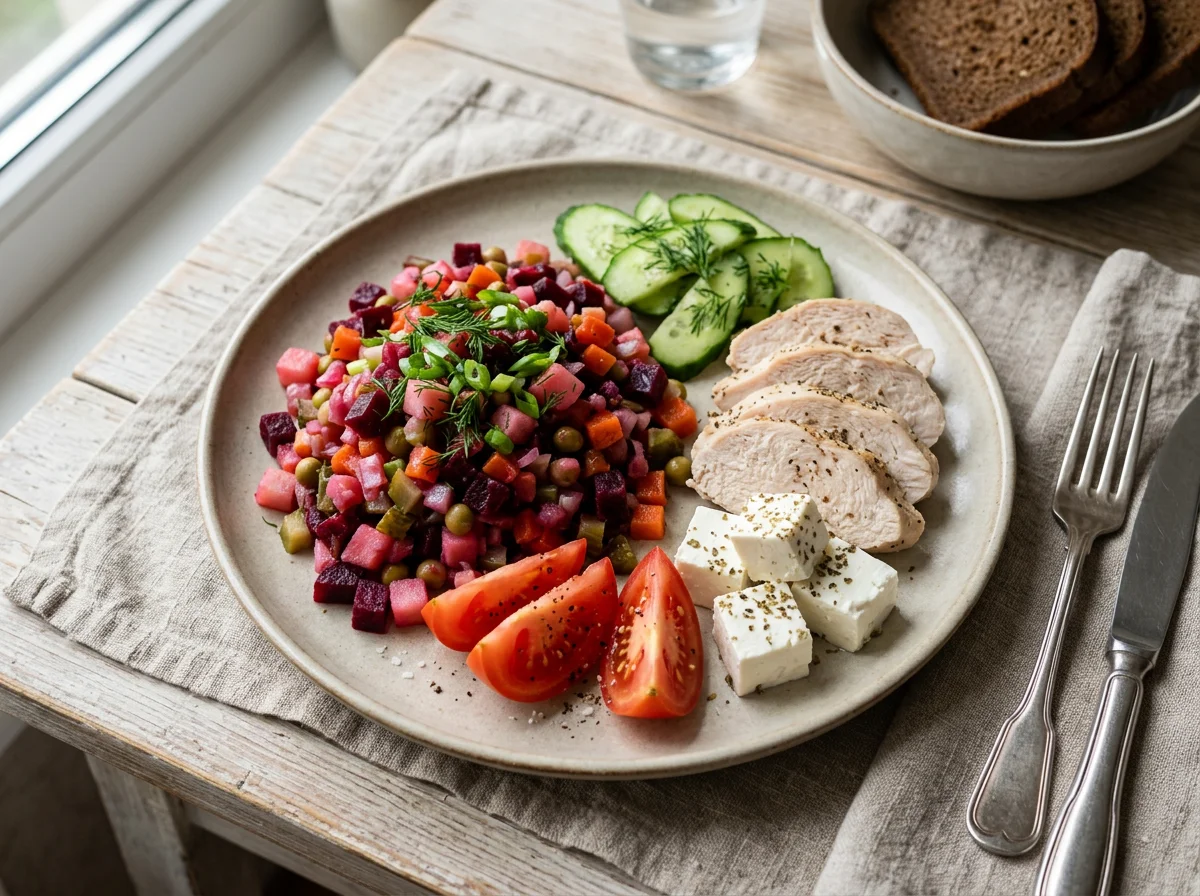 Обед с винегретом, курицей и сыром photo