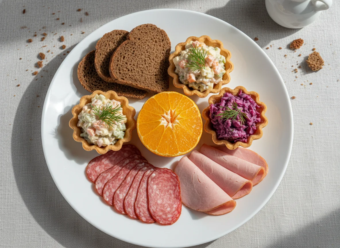 Обед с закусками и фруктом photo