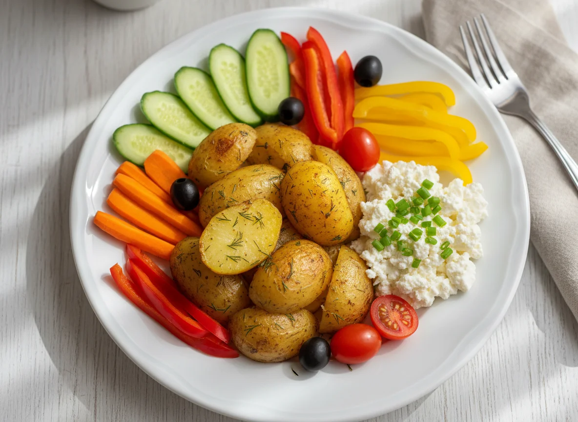 Обед с запеченным картофелем и овощами photo