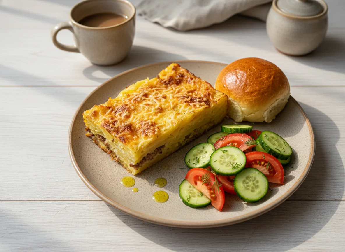 Обед с запеканкой, овощным салатом и кофе photo