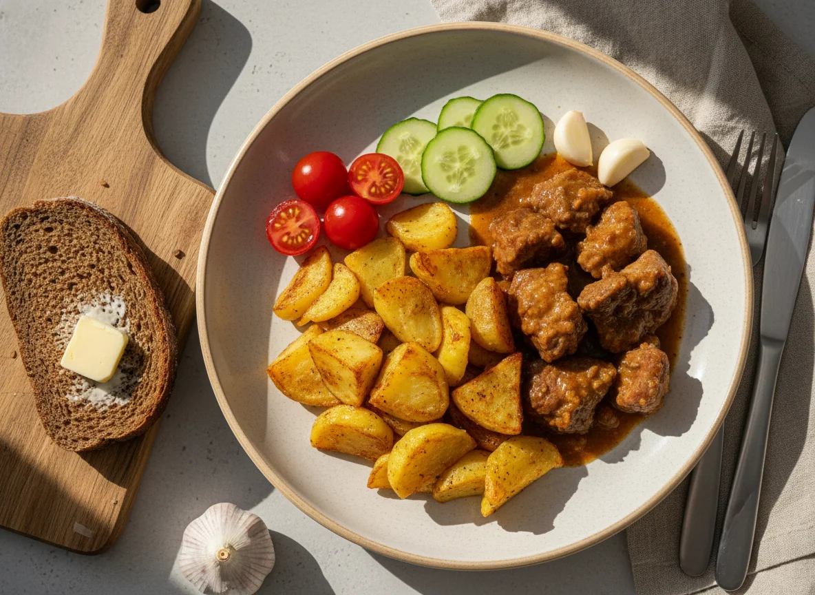 Обед с жареной картошкой и мясом photo
