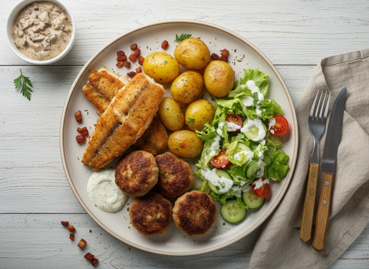 Обед с жареной рыбой, картофелем и салатом photo