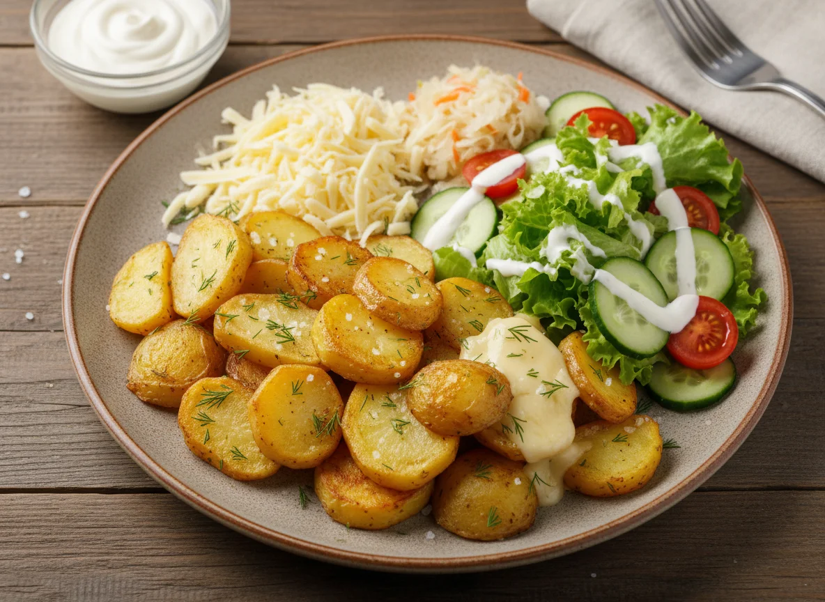 Обед с жареным картофелем, сыром и салатом photo