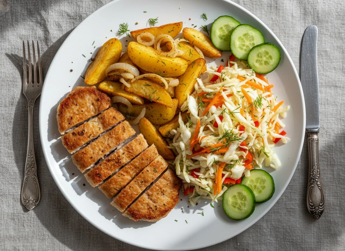 Обед с жареным мясом, картофелем и салатом photo