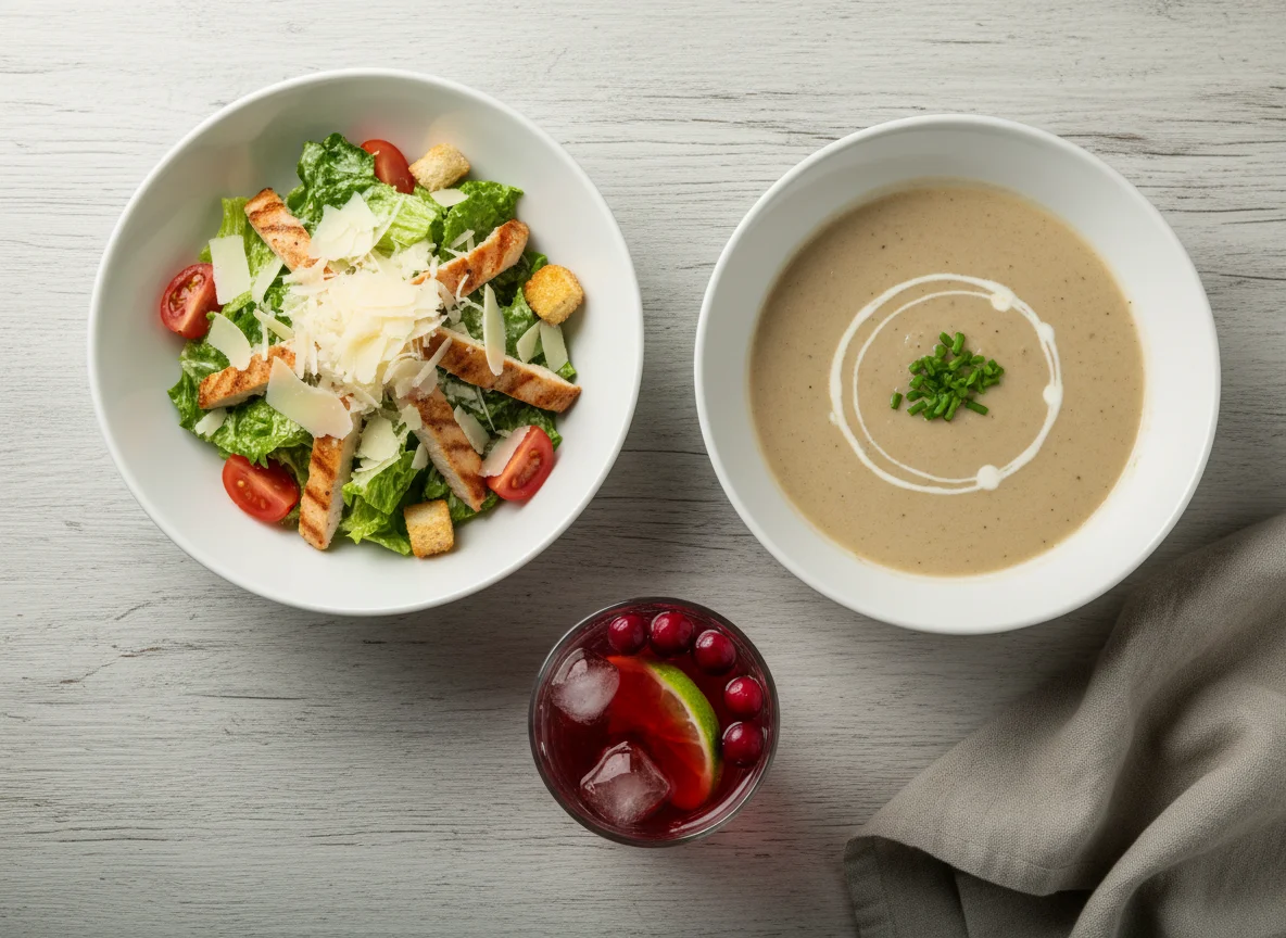 Обед: салат Цезарь, грибной крем-суп и морс photo