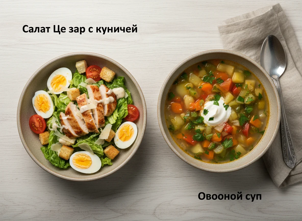 Обед: Салат Цезарь с курицей и Овощной суп photo