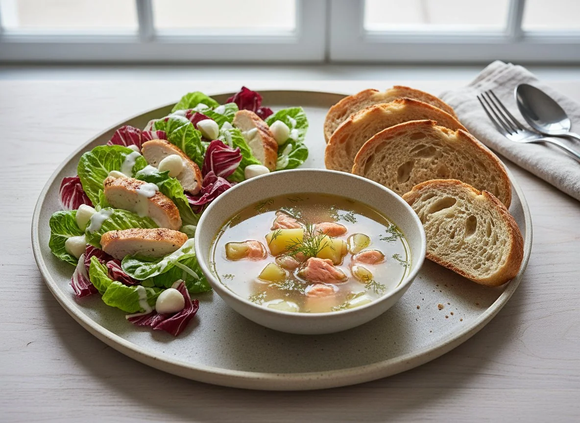 Обед: салат, суп и хлеб photo