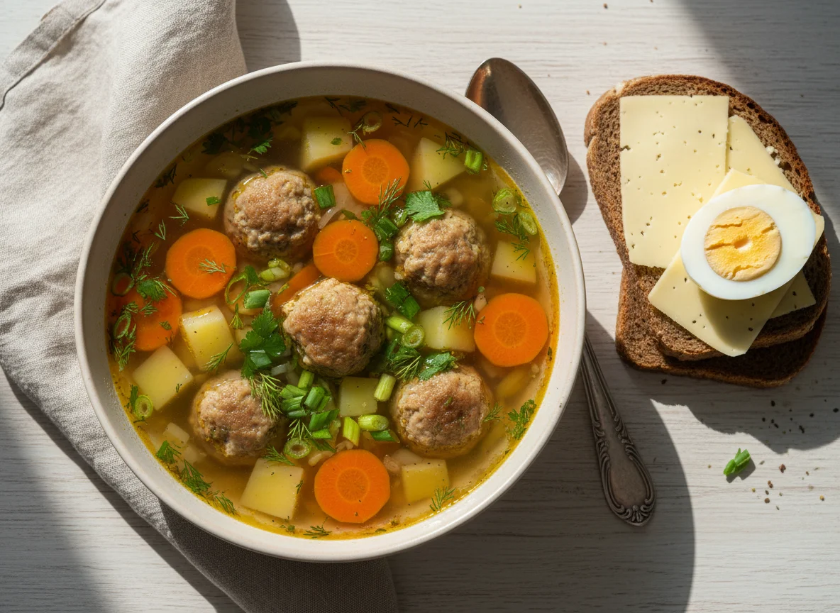 Обед: Суп с фрикадельками, хлеб с сыром и яйцо photo