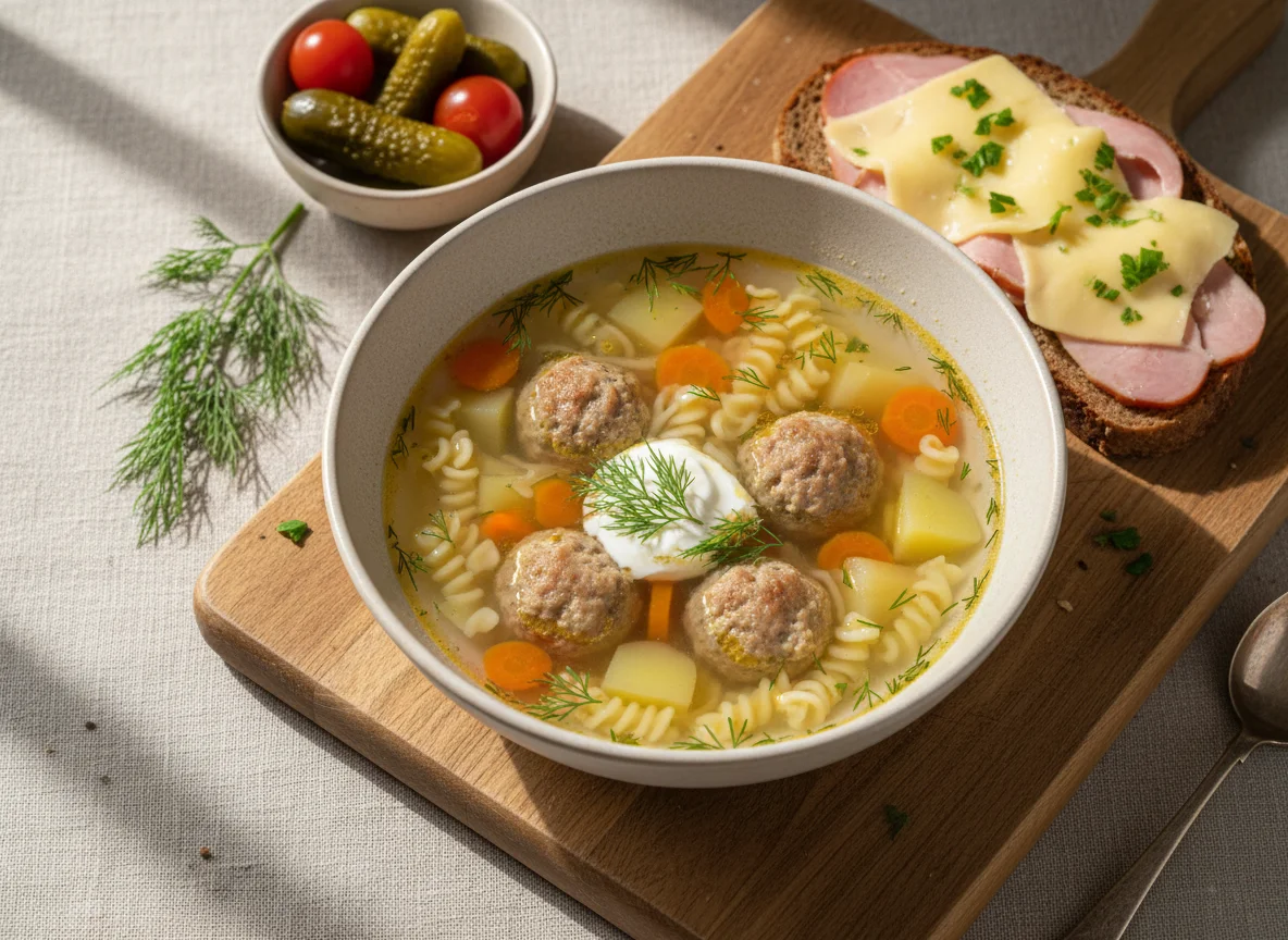 Обед: Суп с фрикадельками и бутерброд с ветчиной и сыром photo