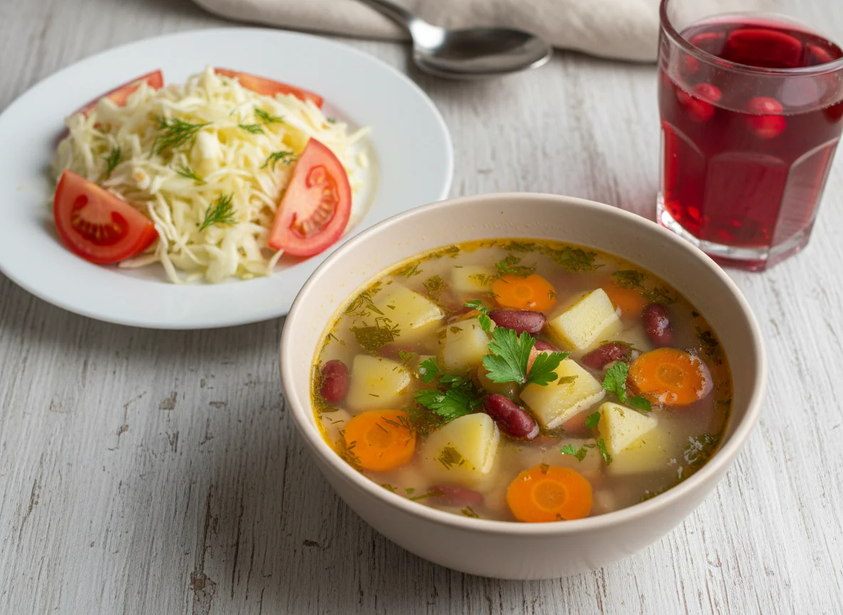 Обед: Суп с овощами и фасолью, салат из капусты и морс photo