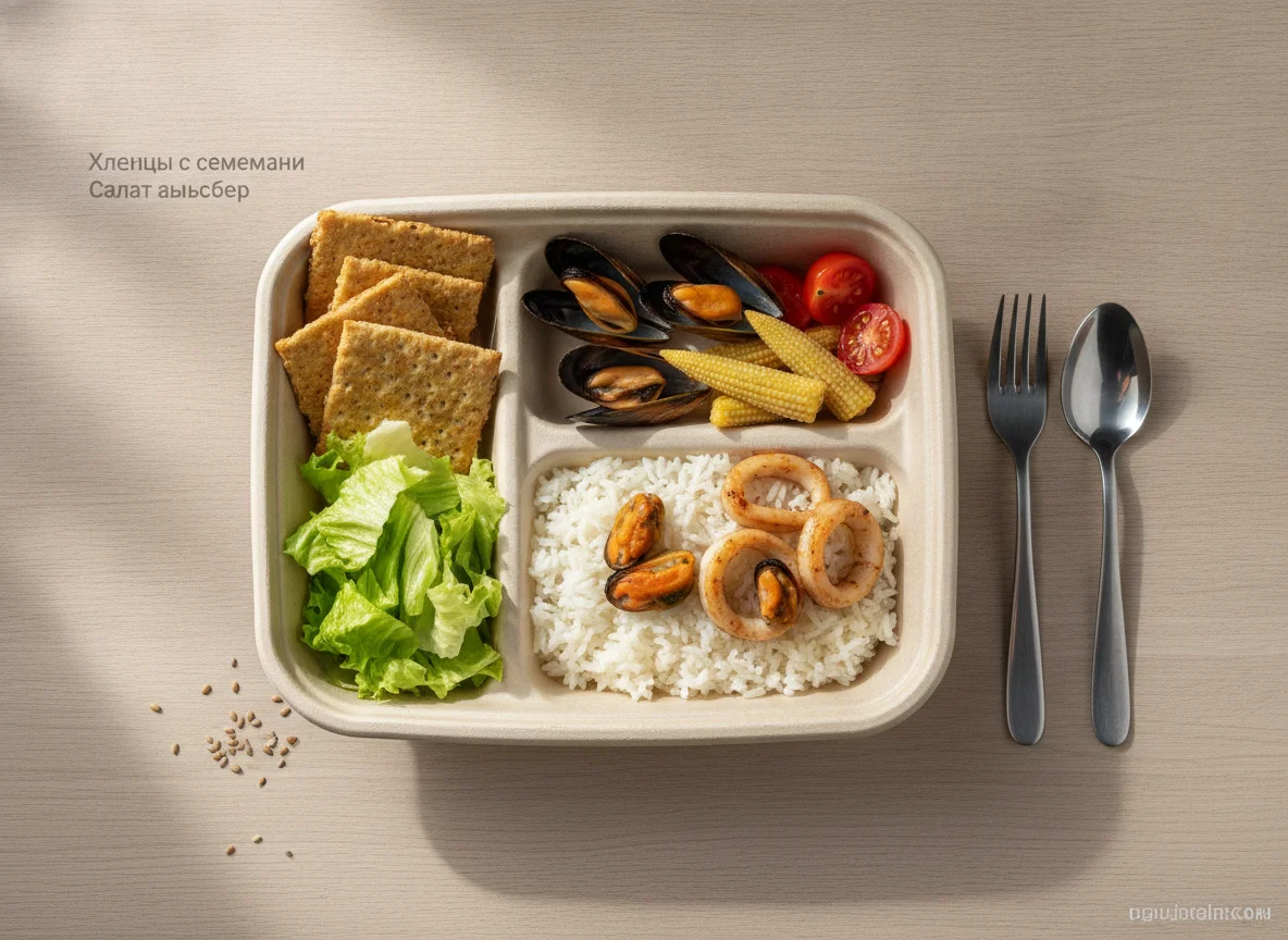 Обед в ланч-боксе с морепродуктами и овощами photo