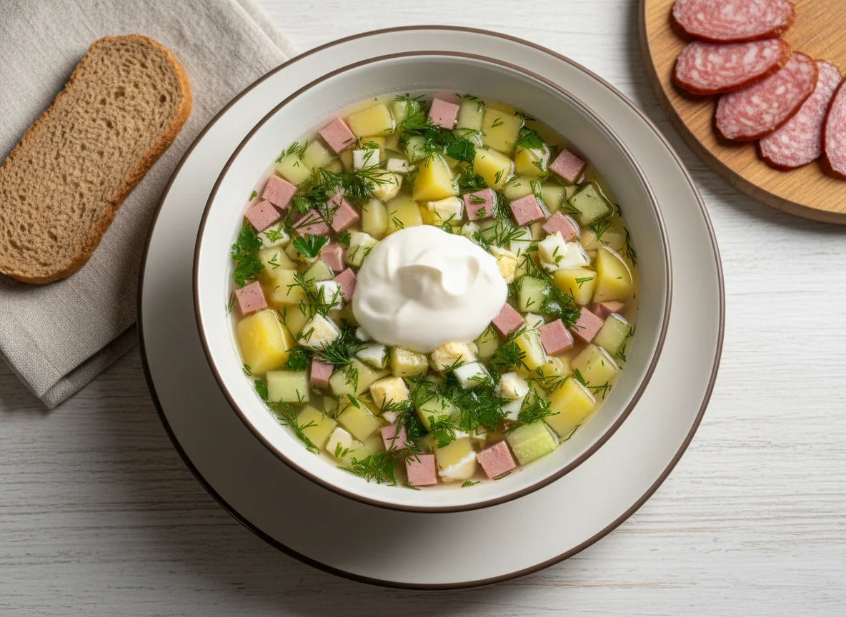 Окрошка с колбасой и сметаной photo