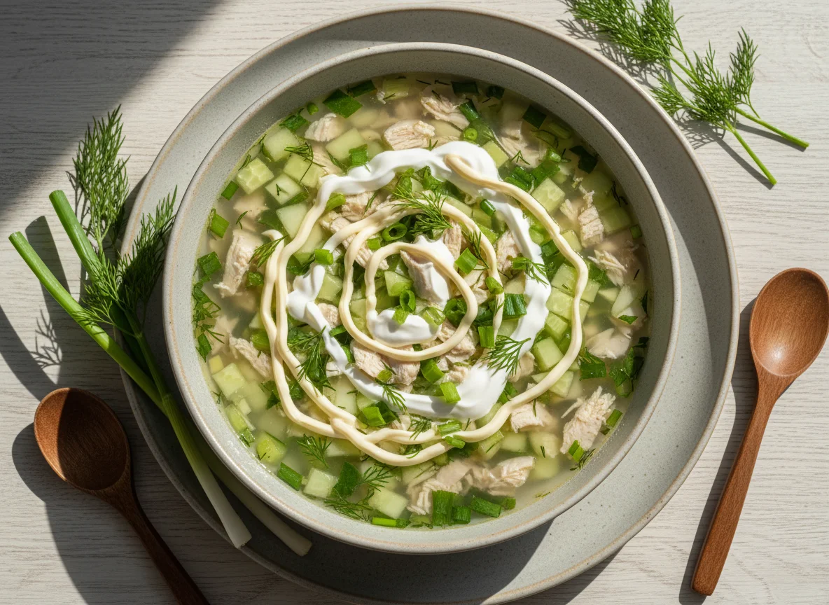 Окрошка с курицей на курином бульоне, сметане и майонезе photo