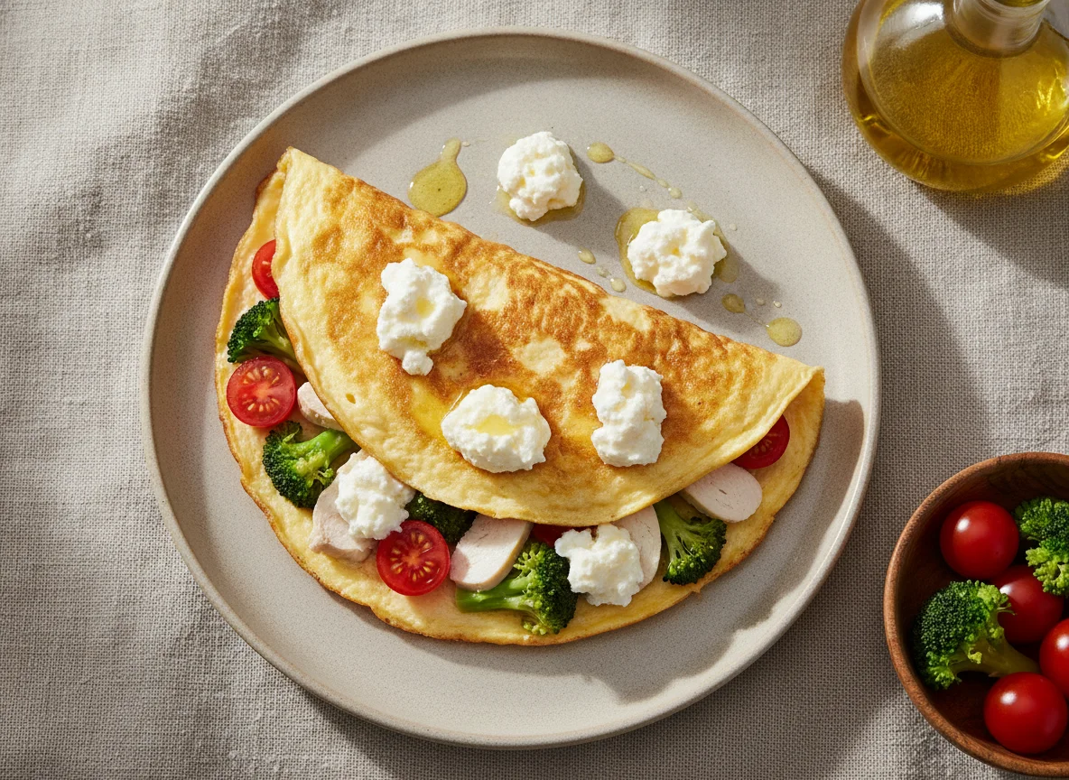 Омлет белковый с куриным филе, овощами и мягким сыром photo