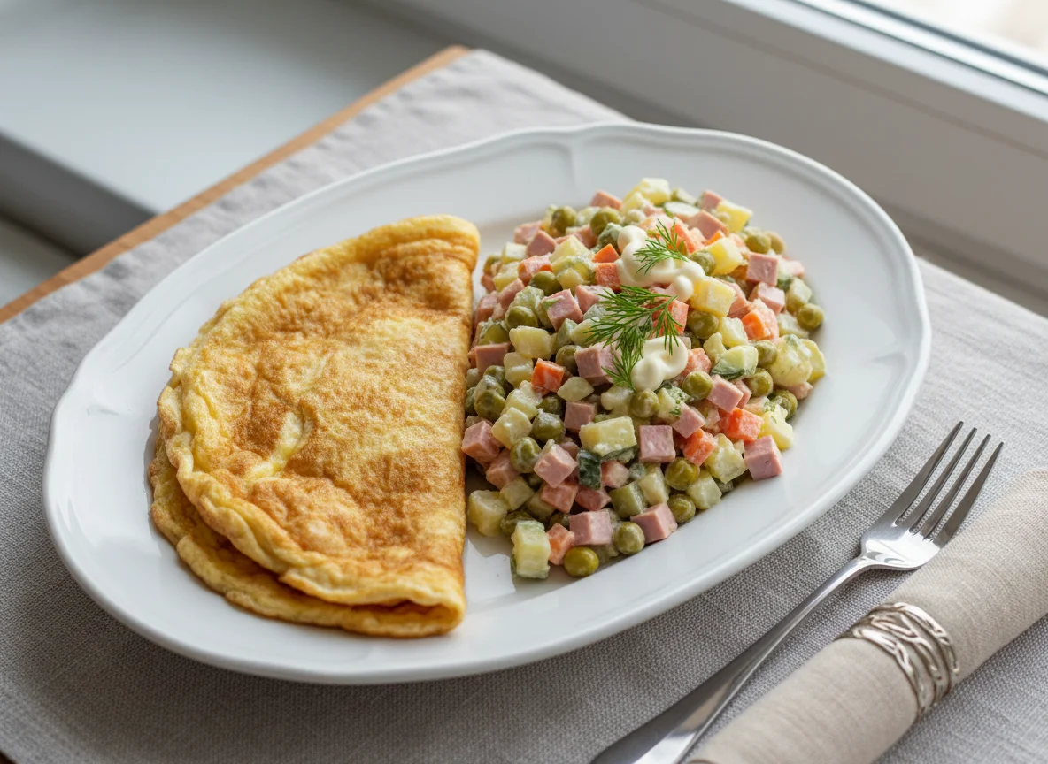 Омлет и салат Оливье photo