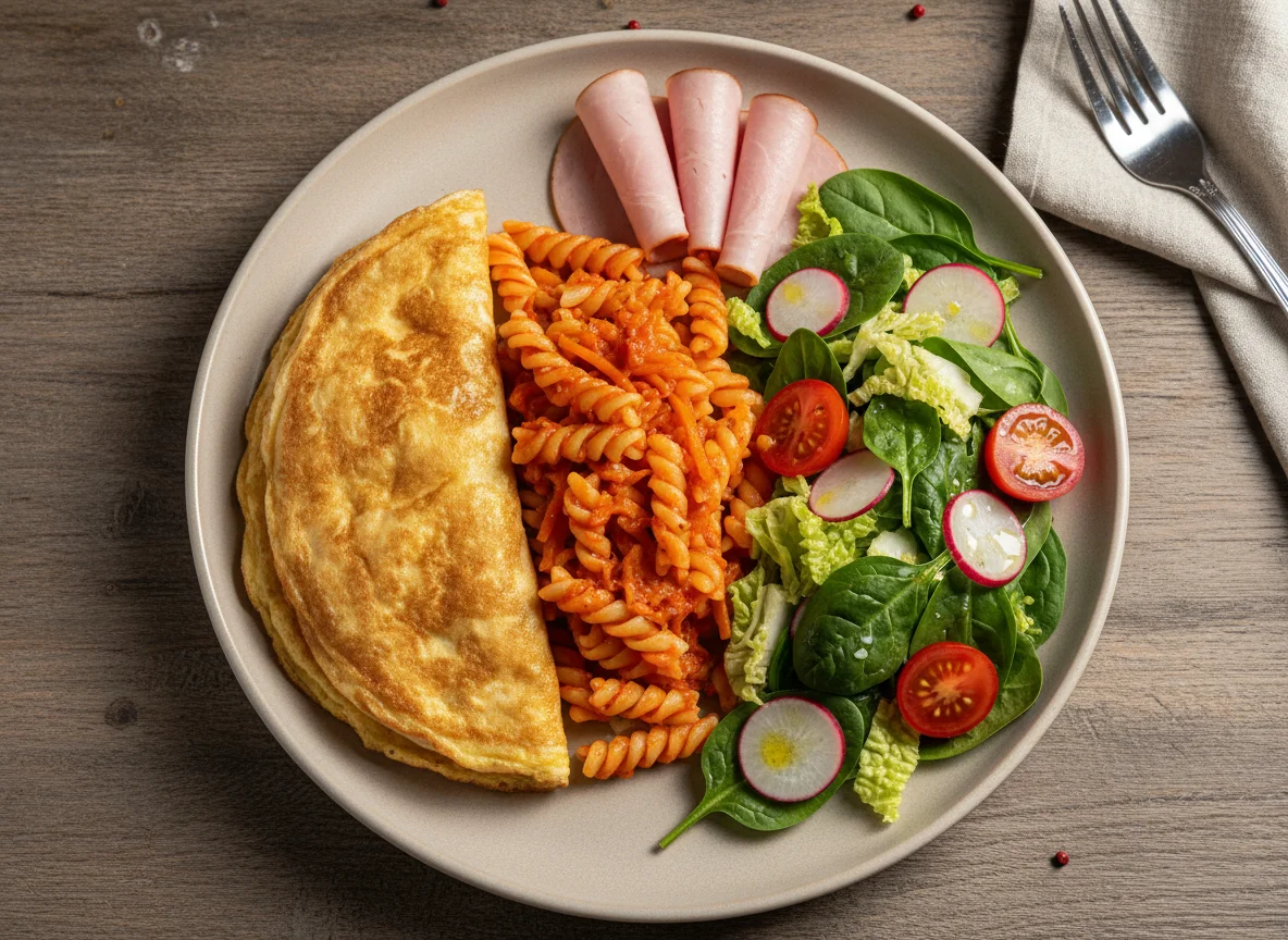 Омлет, макароны с соусом, ветчина и салат photo