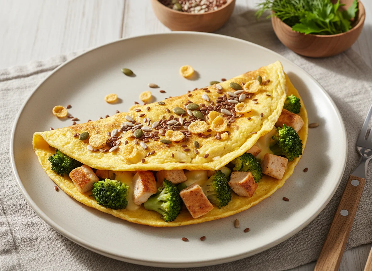 Омлет с брокколи, курицей и семенами photo