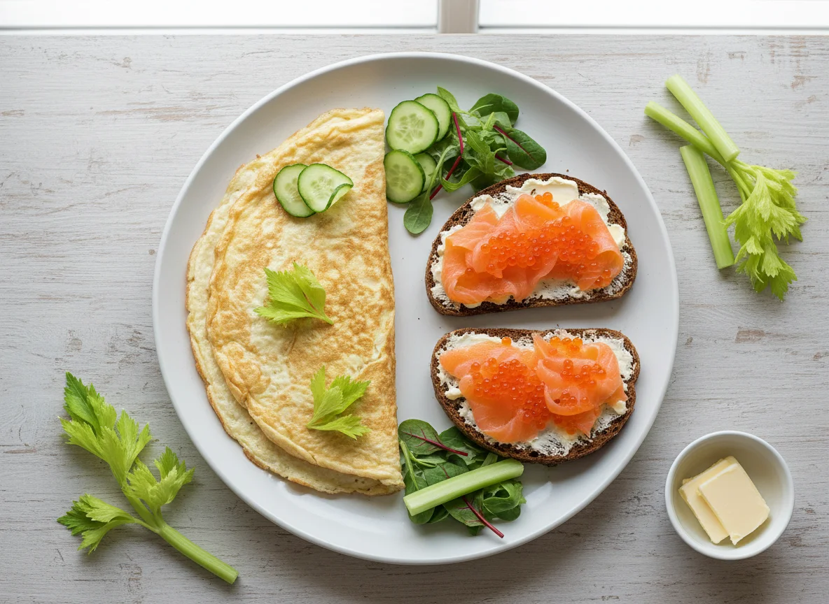 Омлет с бутербродами и овощами photo