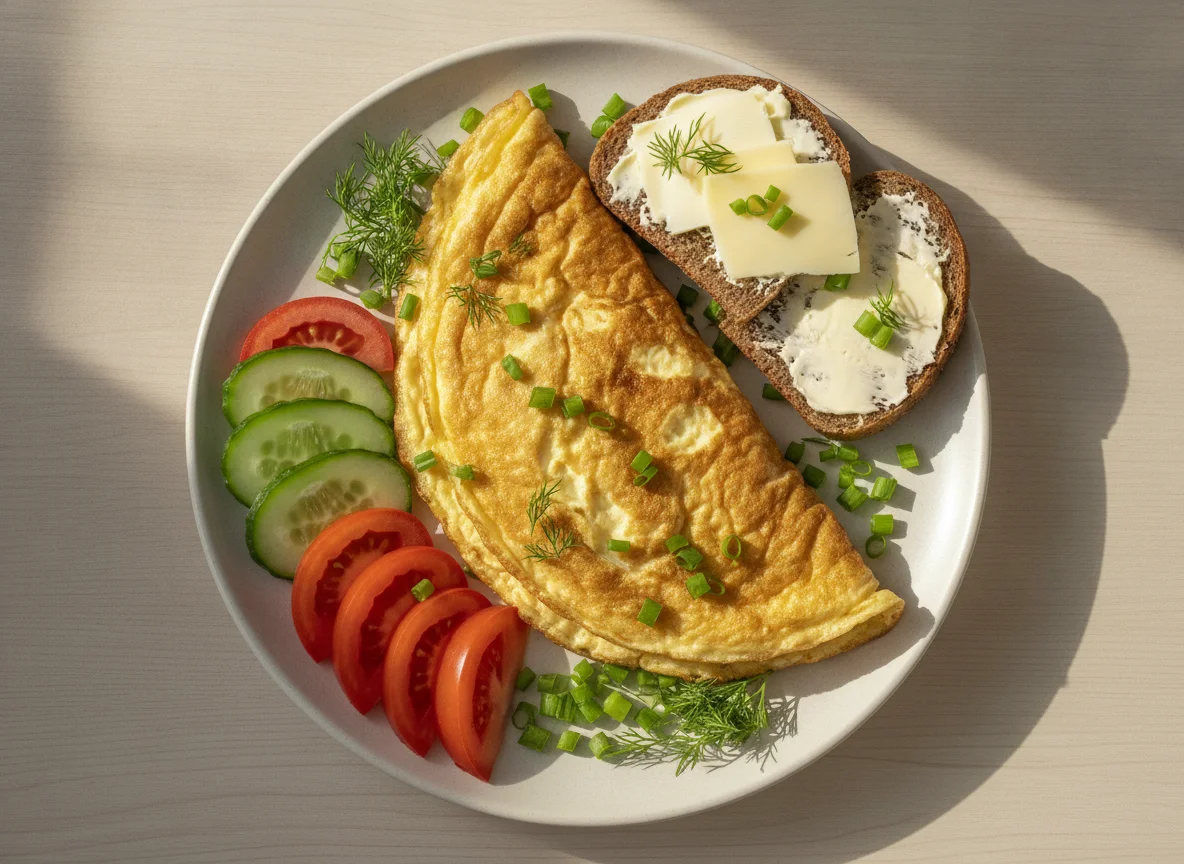 Омлет с бутербродом и овощами photo