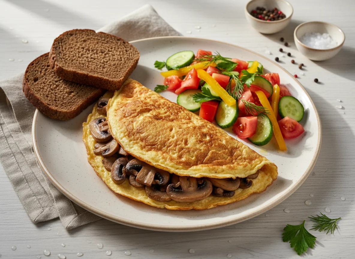 Омлет с грибами, овощной салат и хлеб photo