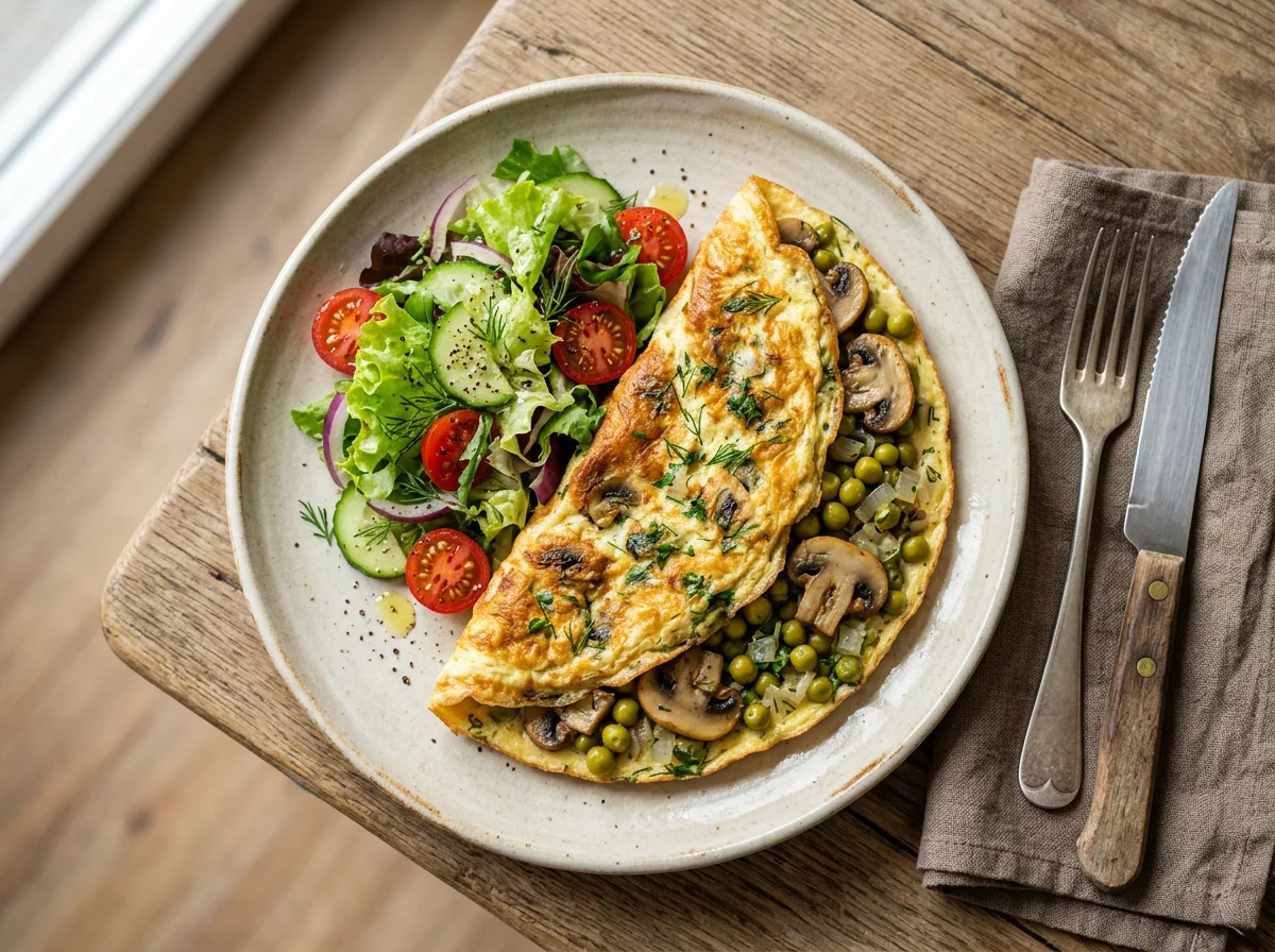 Омлет с грибами, зеленым горошком и салатом photo
