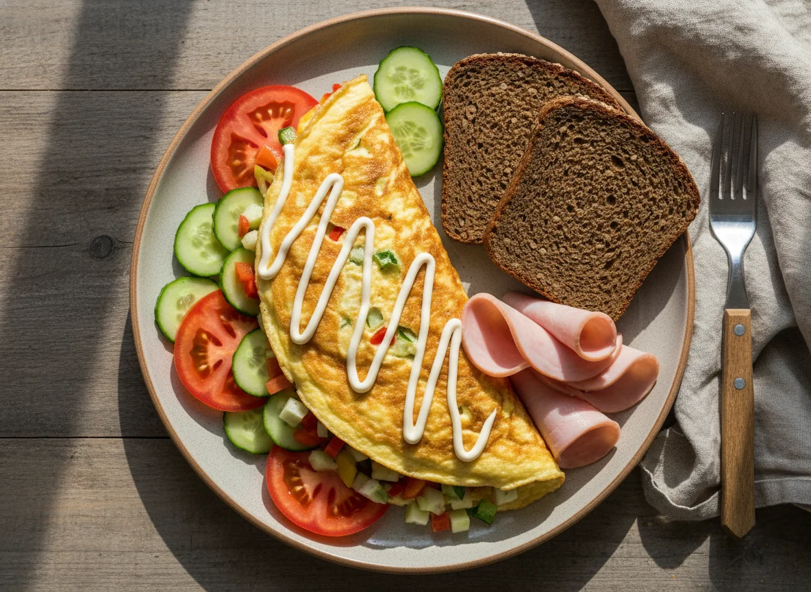 Омлет с хлебом, ветчиной и овощами photo