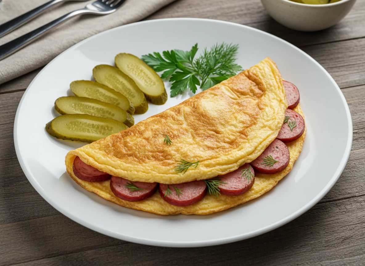 Омлет с колбасой и маринованными огурцами photo