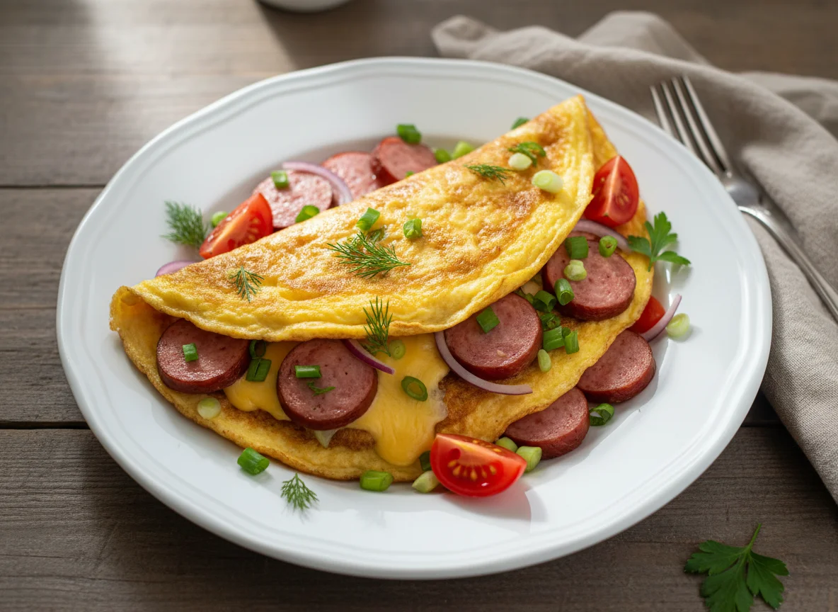 Омлет с колбасой, овощами и сыром photo