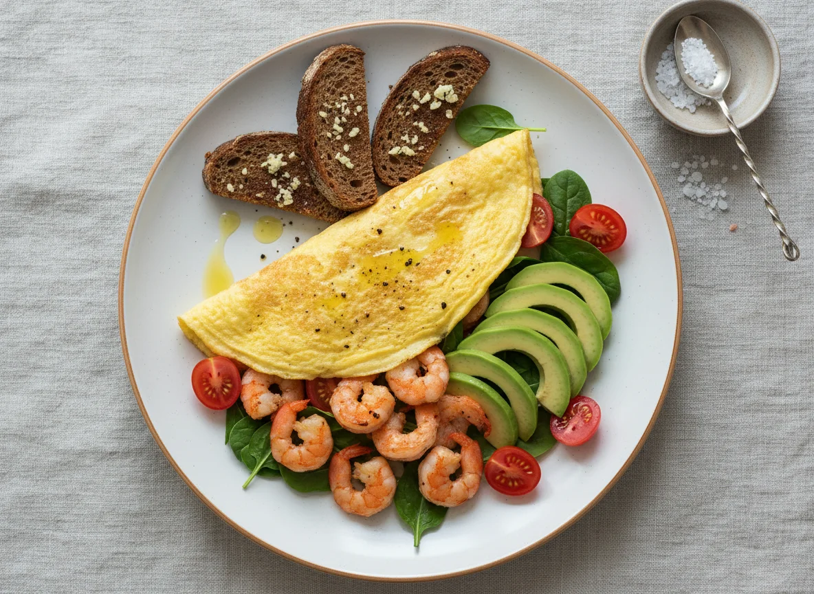 Омлет с креветками, авокадо и тостами photo
