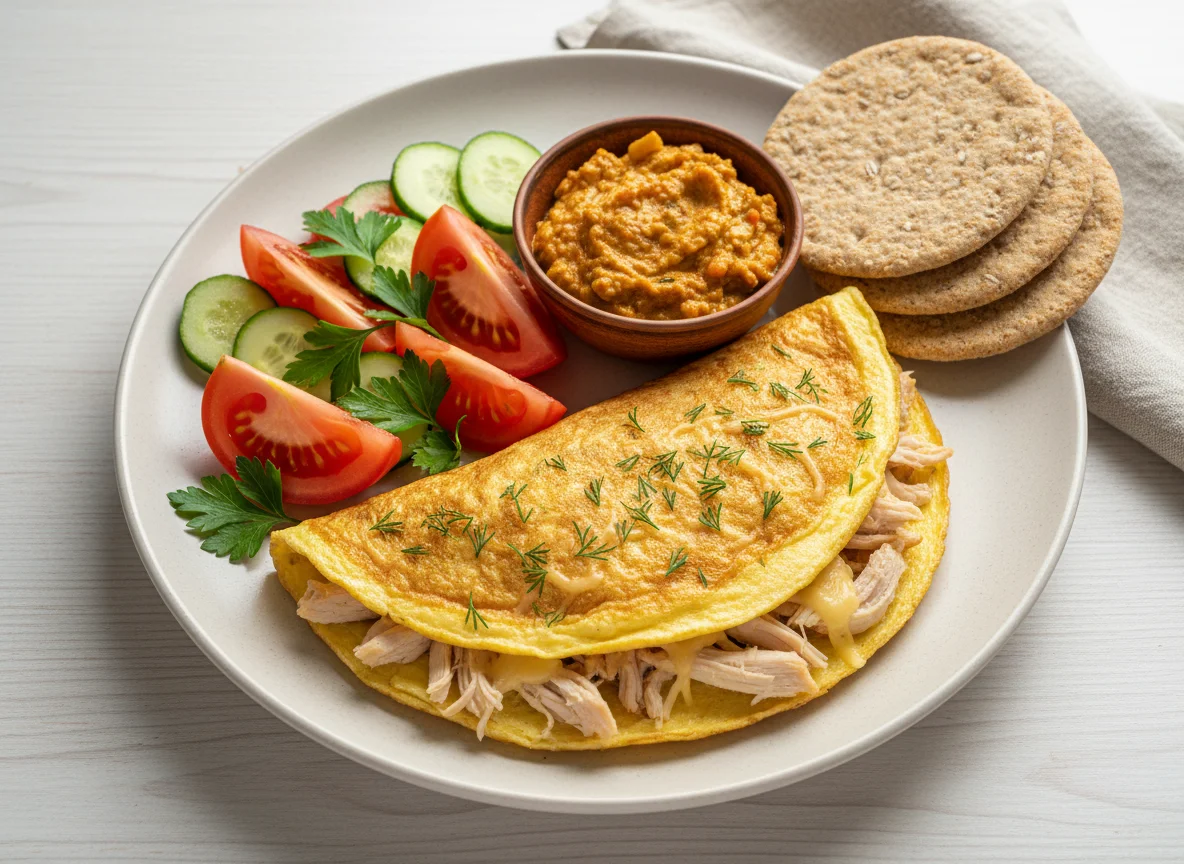 Омлет с курицей и сыром, кабачковая икра, салат из овощей и хлебцы photo