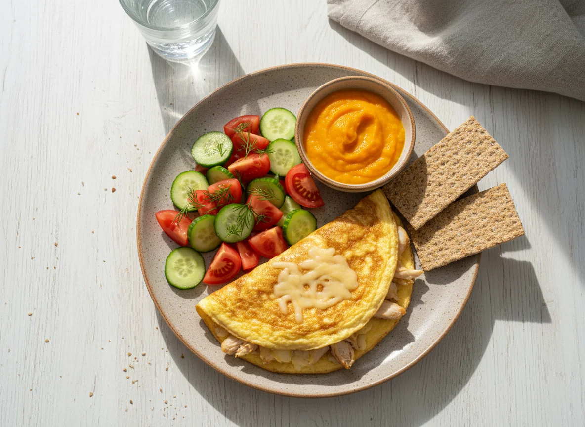 Омлет с курицей и сыром, овощной салат и хлебцы photo