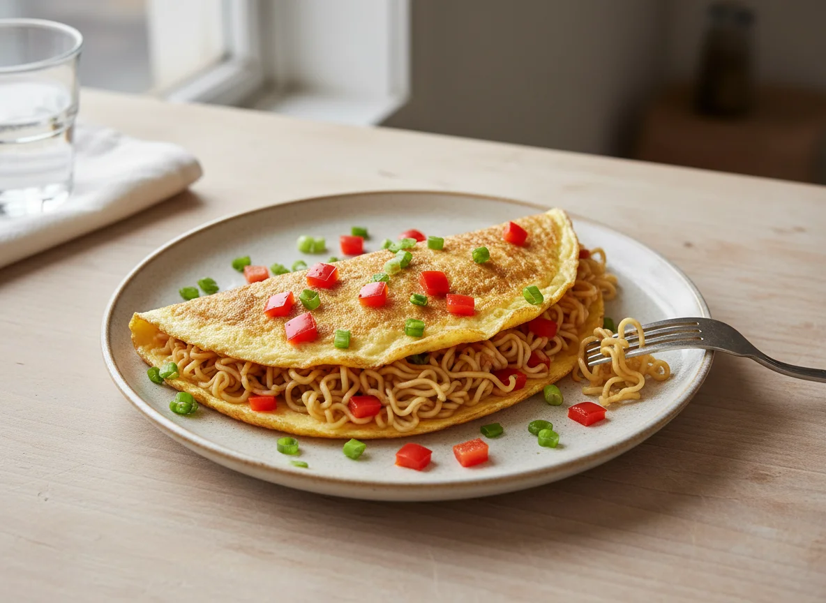 Омлет с лапшой быстрого приготовления и перцем photo