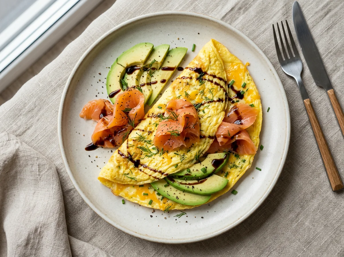Омлет с лососем, авокадо и сыром photo
