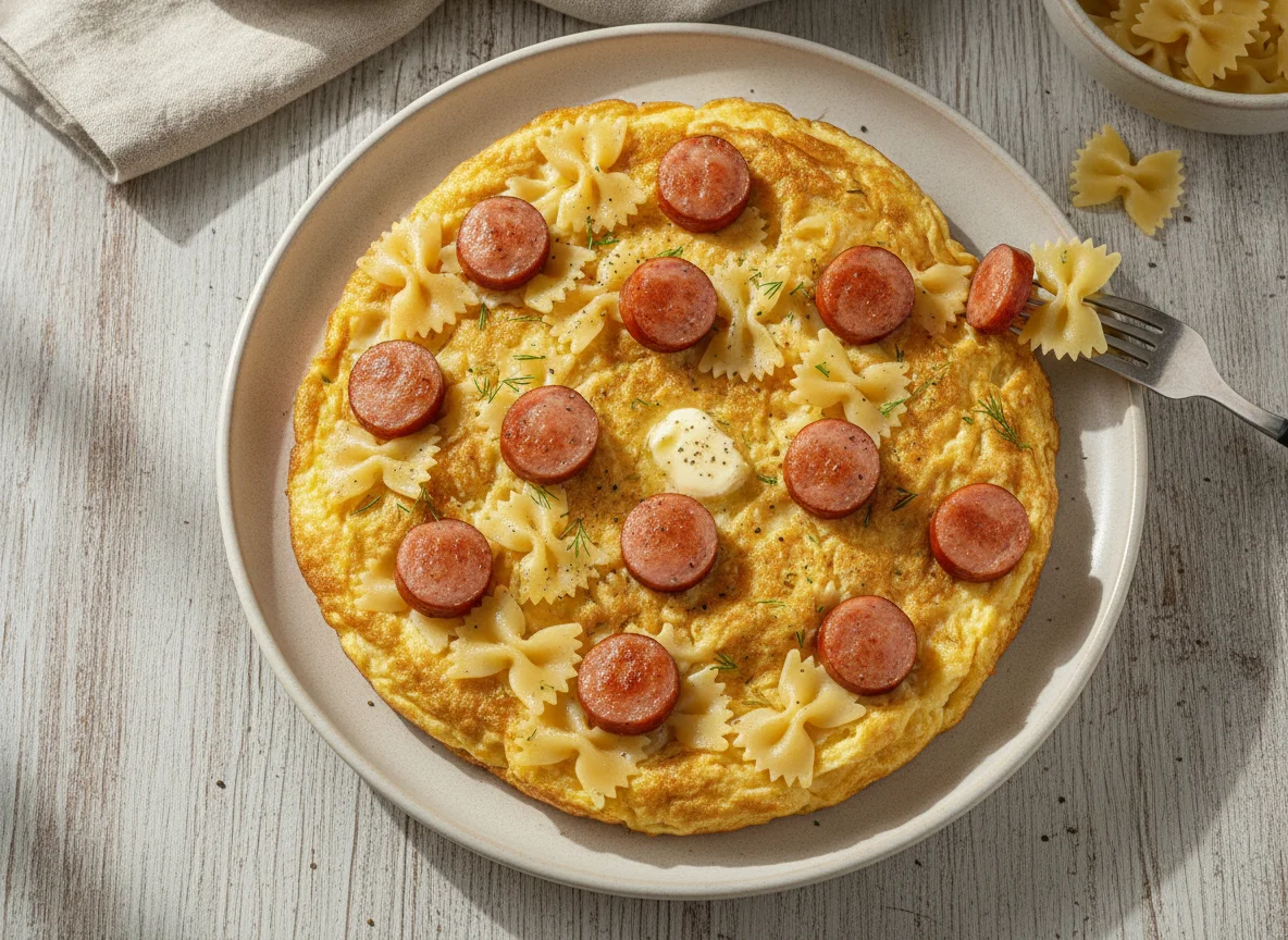 Омлет с макаронами и сосисками photo